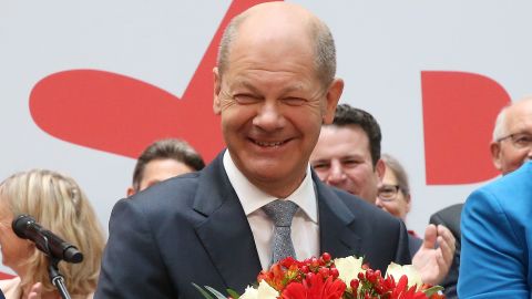 Olaf Scholz, the SPD's candidate for chancellor, on stage a day after the Bundestag elections.