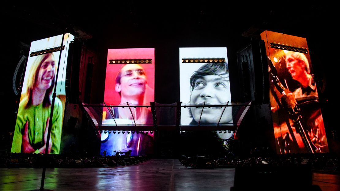 A video tribute to Charlie Watts plays before the Rolling Stones perform in St. Louis, Missouri on Sunday.