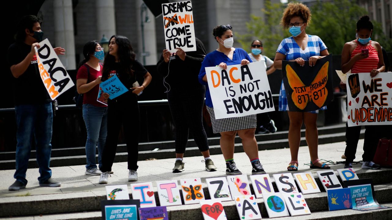 People attend a protest supporting DACA, Deferred Action for Childhood Arrivals, at Foley Square in New York City, on Aug. 17, 2021. 