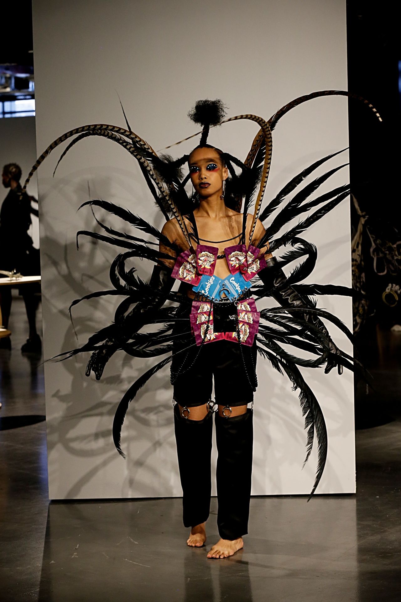 A model wears a design by "Afrofuturist luxury brand" Khiry during New York Fashion Week.