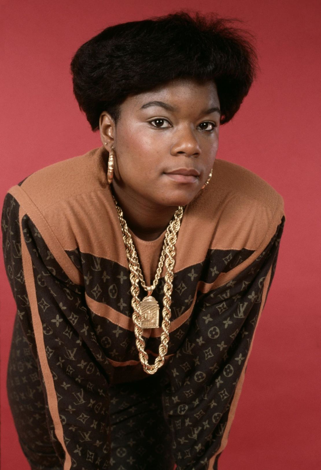 Rapper Roxanne Shante wears an outfit by designed by Daniel "Dapper Dan"  Day circa 1989.