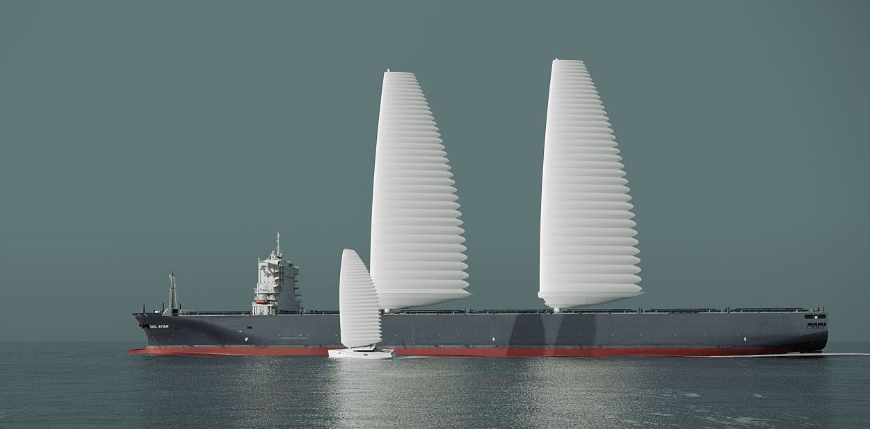 In 2021, tire manufacturer Michelin released a design for giant inflatable sails, shown here in a rendering, that can be fitted to existing cargo ships, and inflate or deflate at the push of a button -- making it easy for the ship to enter a harbor or pass under a bridge. 