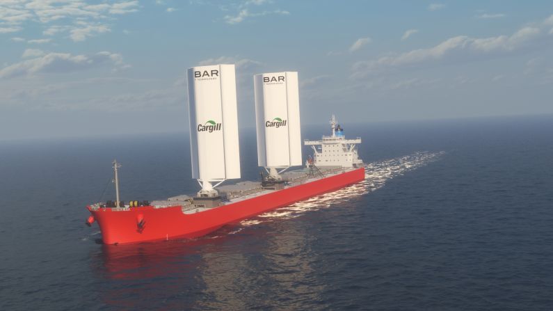 UK-based BAR Technologies has designed 150-foot-tall rigid sails, to be retrofitted on cargo ships (pictured here in a rendering). The company, which has a deal with US shipping giant Cargill to install its sails on a bulk cargo ship by 2022, says it will increase the vessel's fuel efficiency by more than 25%.