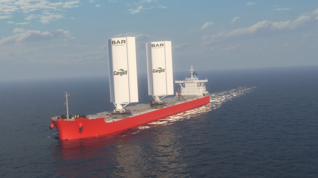 UK-based BAR Technologies has designed 150-foot-tall rigid sails, to be retrofitted on cargo ships, shown here in a rendering. The company, which has a deal with US shipping giant Cargill to install its sails on a bulk cargo ship, says it will increase the vessel's fuel efficiency by more than 25%.
