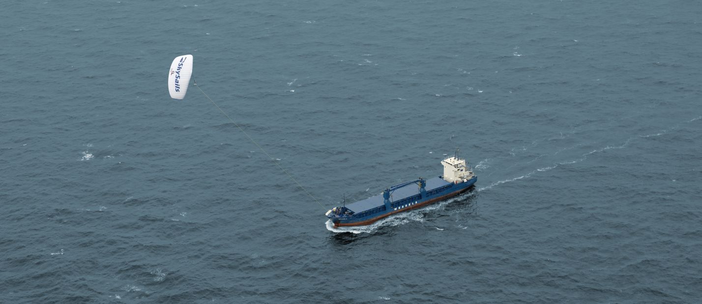 Another wind technology that has been floated is kites, which would fly ahead of the vessel and help to tow it. German company SkySails tested its kite technology and found that it could save an average of <a href="https://skysails-group.com/wp-content/uploads/2021/05/SkySailsMarine_Brochure_EN_web.pdf" target="_blank" target="_blank">10 to 15%</a> in fuel every year. The benefit is that they don't take up much deck space, which is especially important on container ships, but launch and recovery can be more complicated.