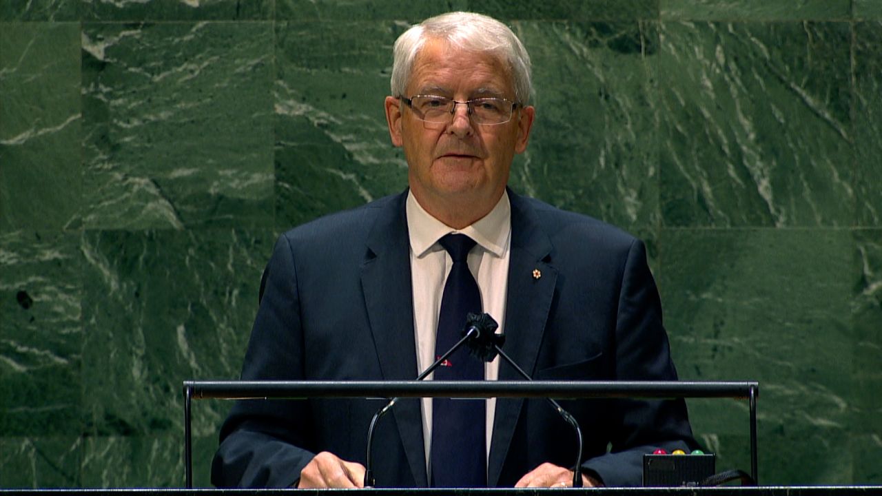 Canadian Foreign Minister Marc Garneau speaks at the UN General Assembly in New York on September 27, 2021.