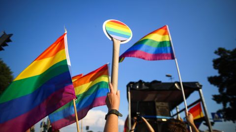 Rainbow flags are seen at the 'Pride Parade' march in Krakow, Poland, in August 2021.
