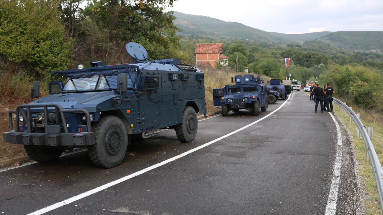 Roads on the way to the border are guarded by special units of the Kosovo police during continuing protests in Jarinje, Kosovo on September 27.
