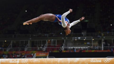 Biles competes in the beam event of the women's individual all-around final during the Rio 2016 Olympic Games.