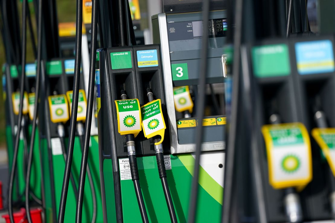 Out of use fuel pumps at a BP petrol station in Birmingham, England, on September 28, 2021. 