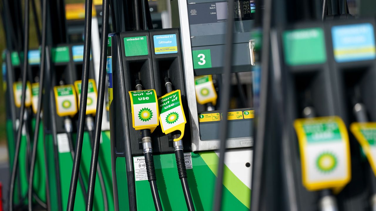 Out of use fuel pumps at a BP petrol station in Birmingham, England, on September 28, 2021.