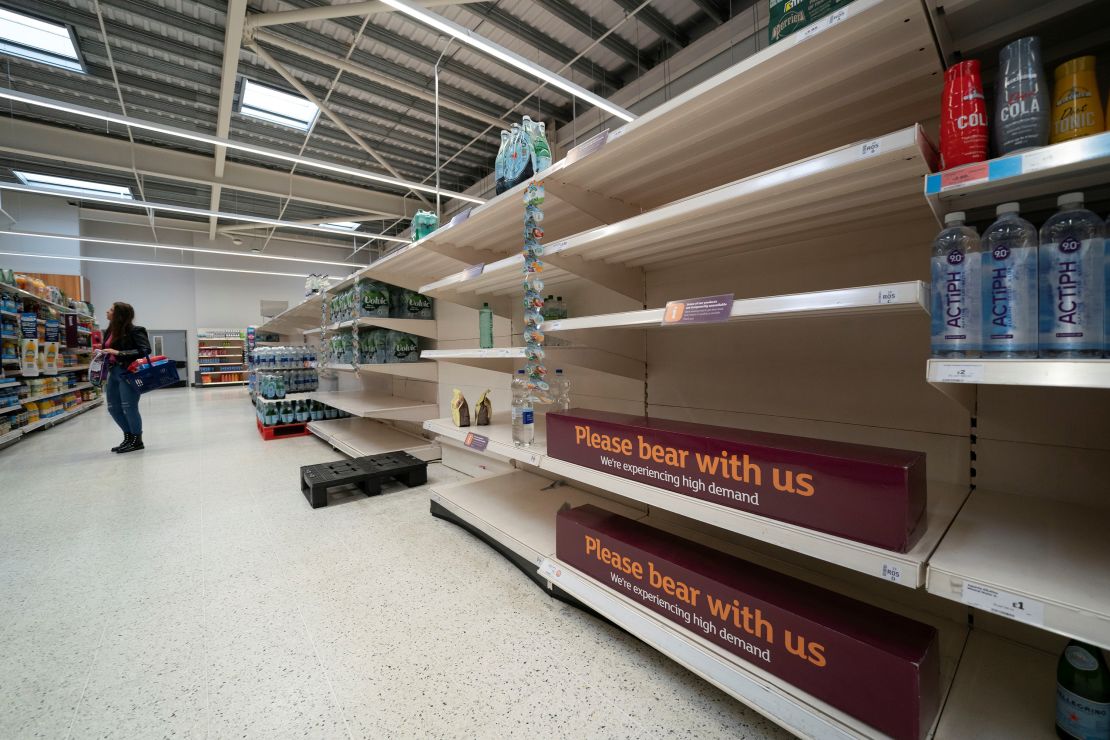 Empty shelves are seen at a supermarket in Manchester, Britain, on September 22.