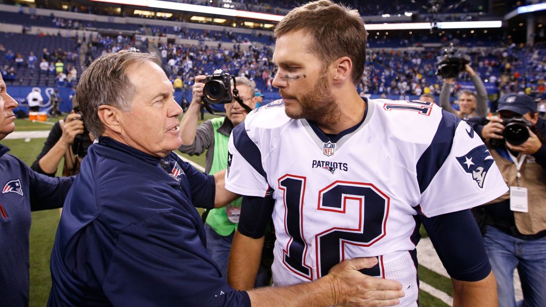 Belichick and Brady congratulate each other after a game against the Indianapolis Colts in 2015.