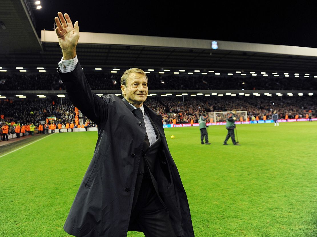 Liverpool legendary player Roger Hunt walks onto the pitch as bagpipes play at Anfield in commemoration of Bill Shankly's 50th anniversary of being involved at the club during the Premier League match between Liverpool and Wigan Athletic at Anfield on Dec. 16, 2009 in Liverpool, England.  