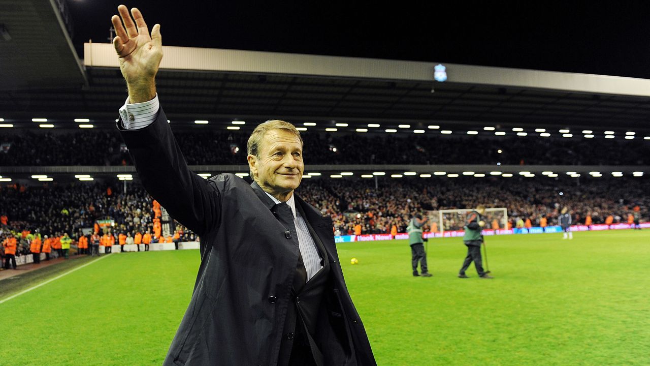 Liverpool legendary player Roger Hunt walks onto the pitch as bagpipes play at Anfield in commemoration of Bill Shankly's 50th anniversary of being involved at the club during the Premier League match between Liverpool and Wigan Athletic at Anfield on Dec. 16, 2009 in Liverpool, England.  