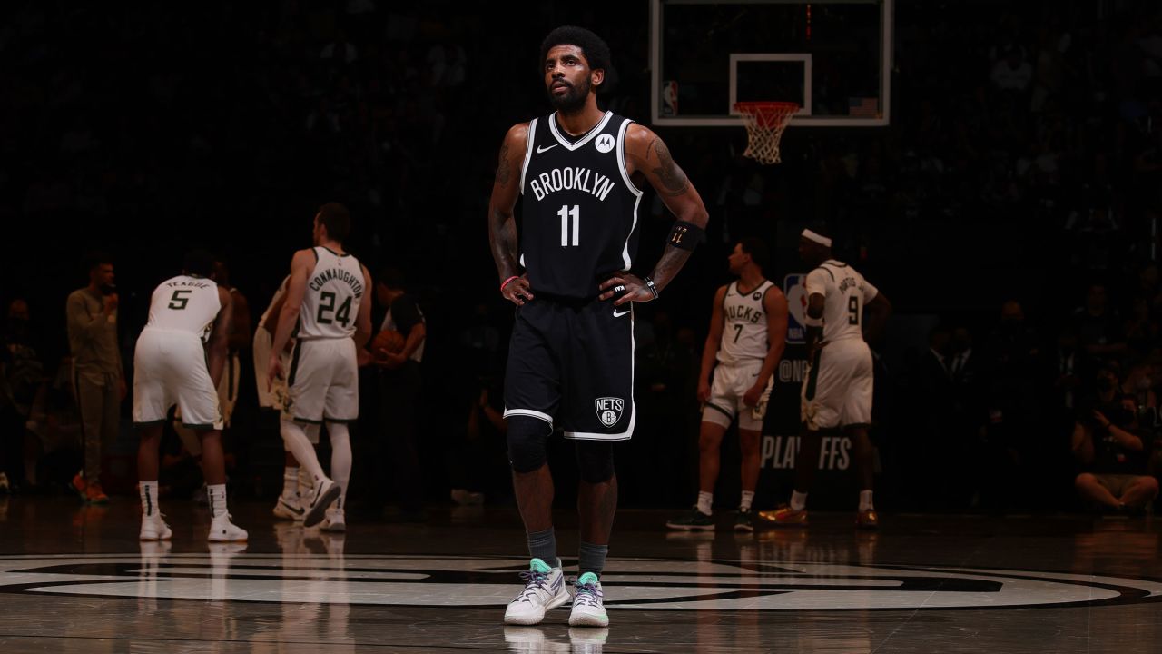 Kyrie Irving of the Brooklyn Nets looks on during the game against the Milwaukee Bucks during Round 2, Game 1 of the 2021 NBA Playoffs on June 5, 2021 at Barclays Center in Brooklyn, New York.