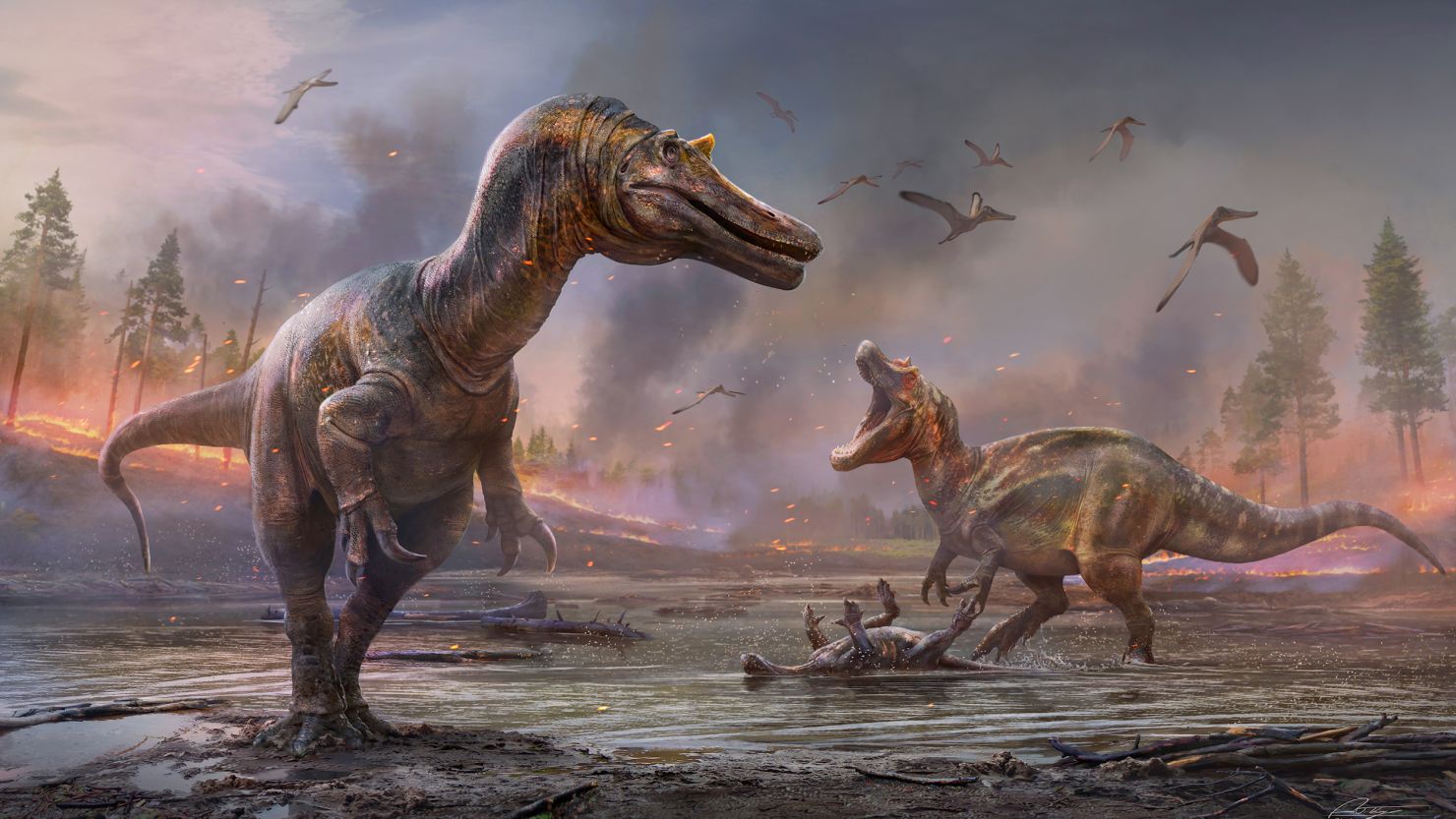 This illustration shows what two spinosaurid dinosaurs, named Ceratosuchops inferodios (foreground) and Riparovenator milnerae (background), looked like 125 million years ago.