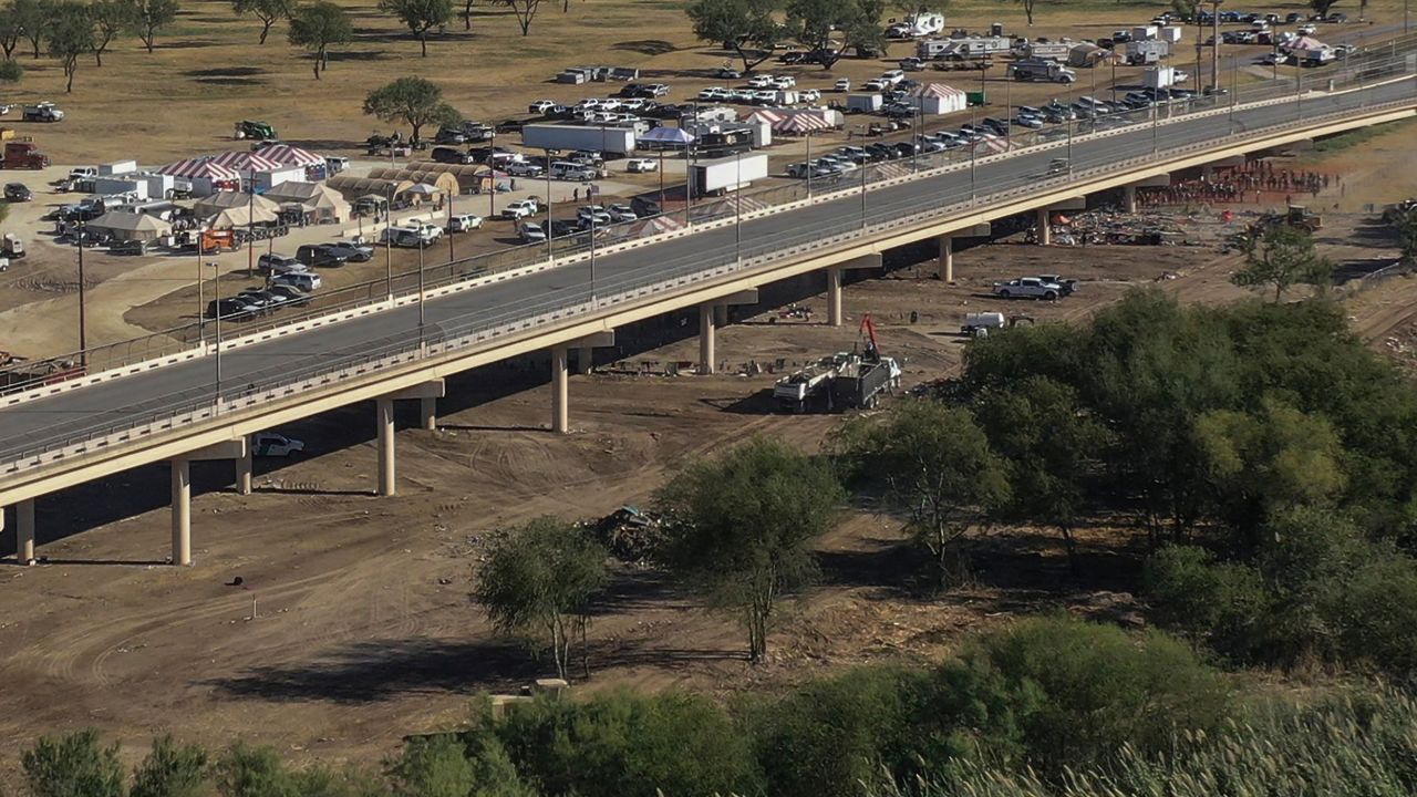 Aerial view of the Ciudad Acuna-Del Rio International Bridge over the Rio Grande on September 24, 2021 -- after the migrants' encampment had been cleared.