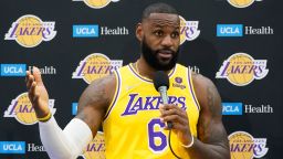 Los Angeles Lakers forward LeBron James fields questions during the NBA basketball team's Media Day Tuesday, Sept. 28, 2021, in El Segundo, Calif. (AP Photo/Marcio Jose Sanchez)