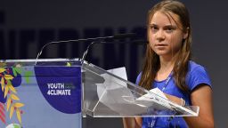 Swedish climate activist Greta Thunberg delivers a speech during the opening plenary session of the Youth4Climate event on September 28, 2021 in Milan. (Photo by MIGUEL MEDINA / AFP) (Photo by MIGUEL MEDINA/AFP via Getty Images)