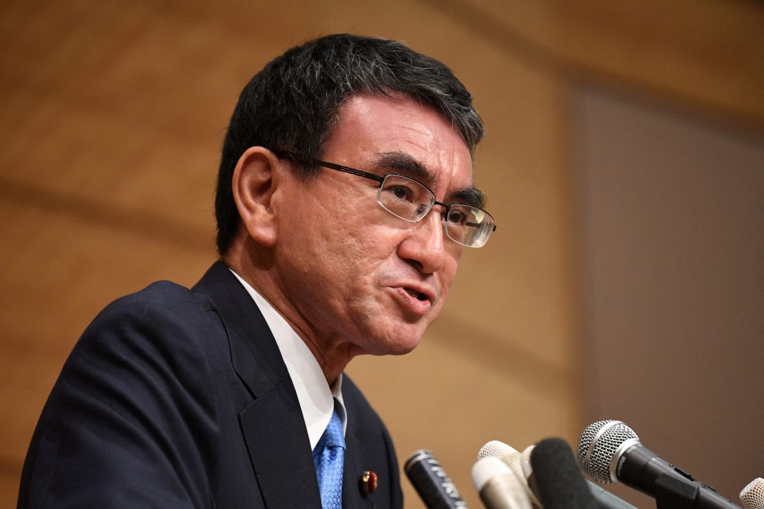 Taro Kono, who heads Japan's vaccine rollout, during a news conference in Tokyo on September 10.