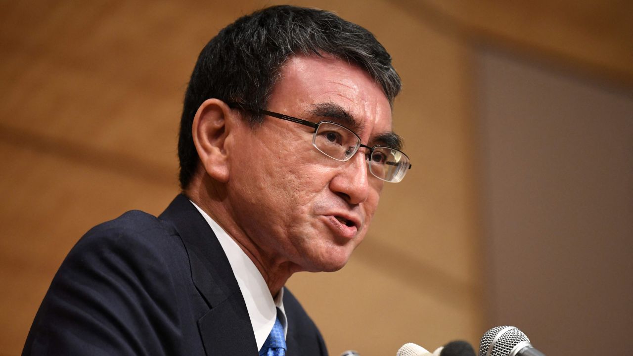 Taro Kono, who heads Japan's vaccine rollout, during a news conference in Tokyo on September 10.