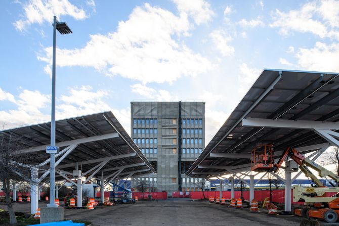 Building developers say 100% of the hotel's lighting, heating and cooling needs will be powered by energy produced by on-site solar panels. The panels, estimated to generate 700,000 kilowatt hours of energy annually, are installed on the rooftop and parking lot.