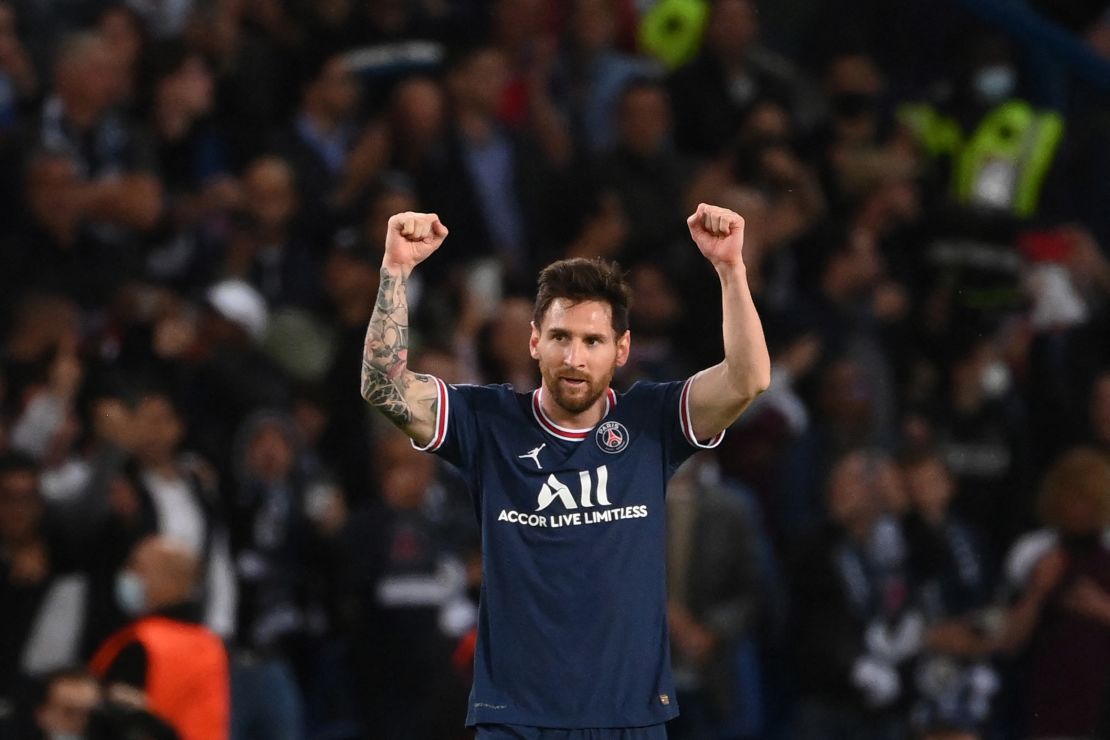 Messi celebrates after scoring his team's second goal against Manchester City.