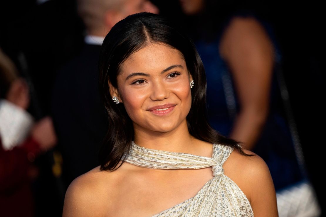 Emma Raducanu poses for photographers upon arrival for the World premiere of the new film from the James Bond franchise 'No Time To Die', in London, on Sept. 28, 2021. 