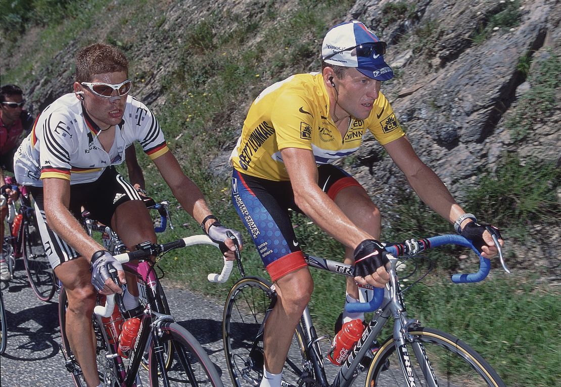 Lance Armstrong is shadowed by Jan Ullrich during stage 14 from Tarbes to Luz-Ardiden of the 2001 Tour De France.