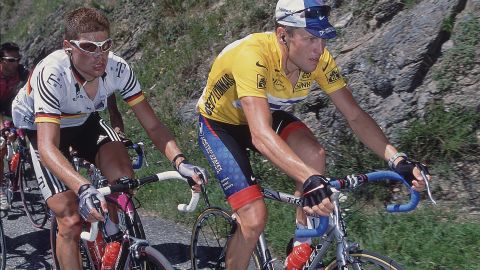 Lance Armstrong is shadowed by Jan Ullrich during stage 14 from Tarbes to Luz-Ardiden of the 2001 Tour De France.
