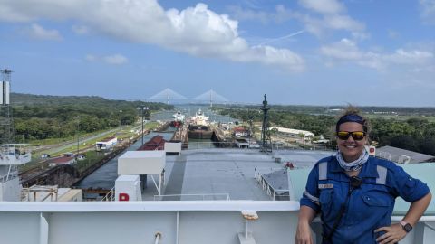 Karynn Marchal, chief officer, pictured on board her vessel in January 2021 in the Panama Canal.