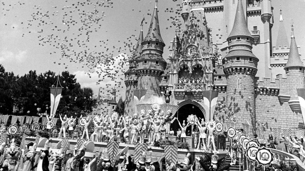 Hundreds of balloons are released near the Cinderella Castle after the grand opening ceremony.