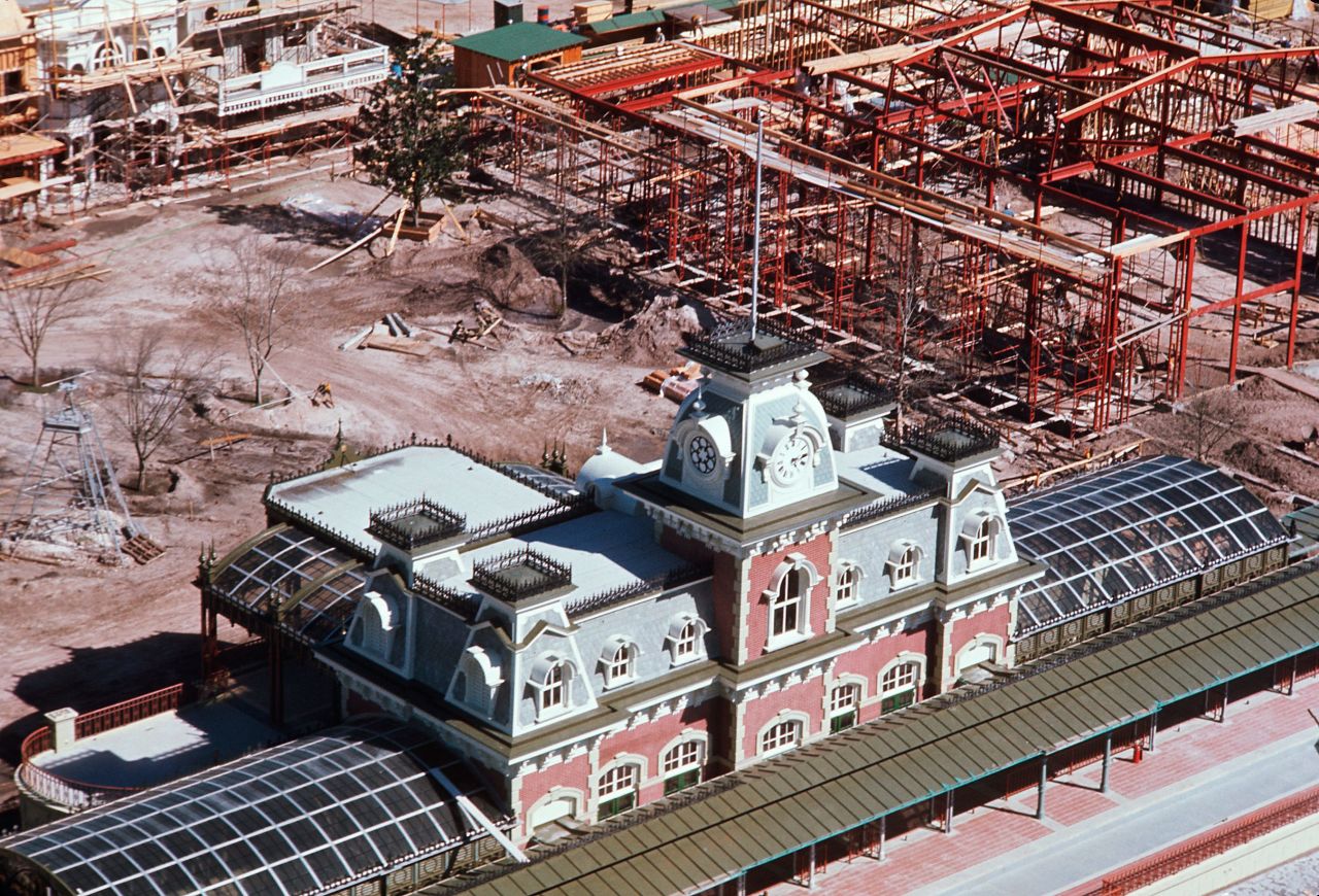 Main Street, U.S.A., the beginning of the Magic Kingdom Park, is under construction in 1971.