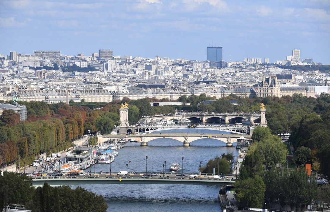 This view shows bridges over the Seine as well as the northeastern Paris skyline.