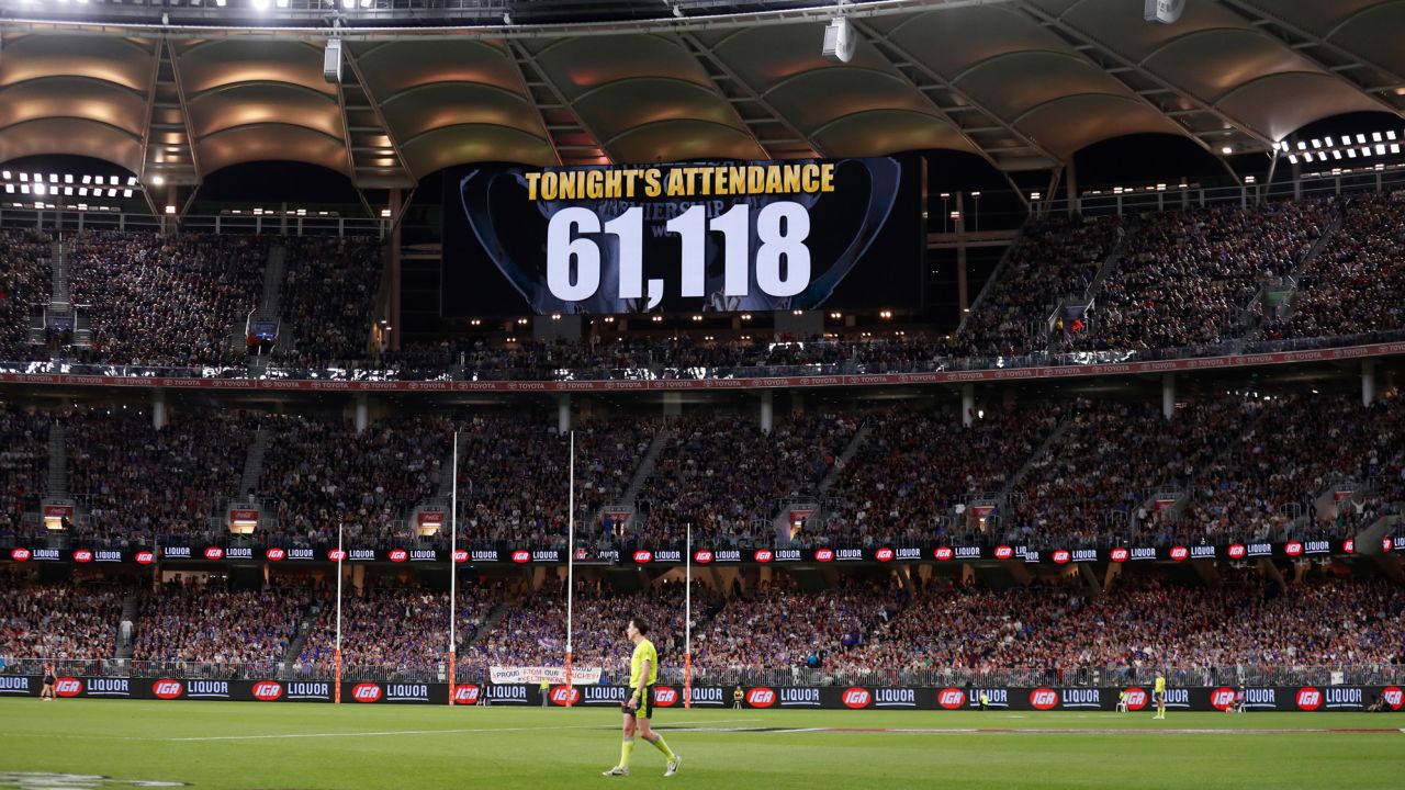 A sellout crowd watches the 2021 Toyota AFL Grand Final match between the Melbourne Demons and the Western Bulldogs at Optus Stadium on September 25 in Perth, Australia, with millions more tuning in on TV.