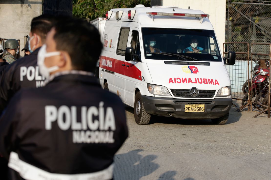 An ambulance leaves from the Litoral Penitentiary in Guayaquil, Ecuador, Wednesday, September 29, 2021.