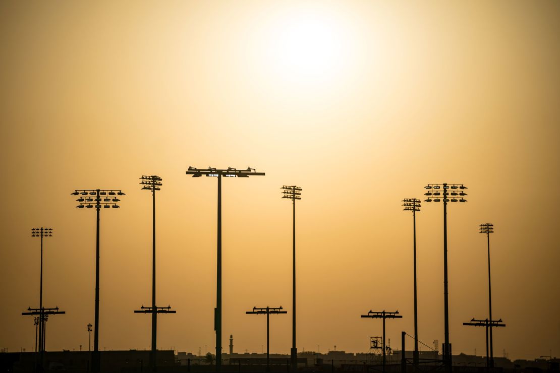 Sunset during a Moto3 race at Losail Circuit.