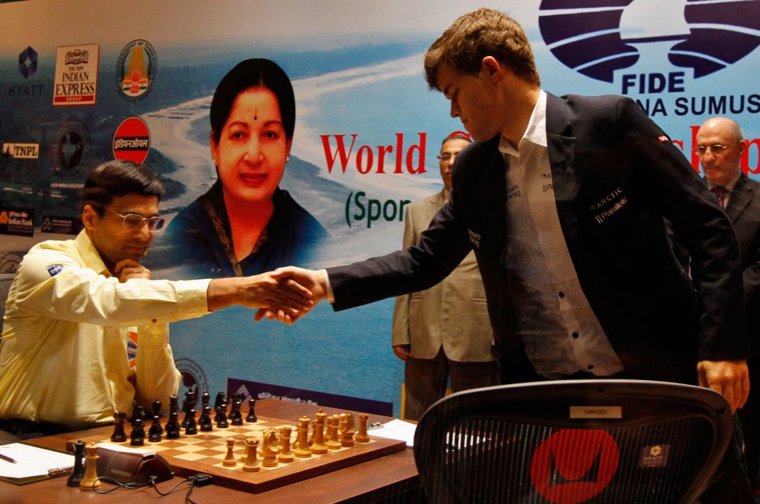 Magnus Carlsen (right) beat India's Viswanathan Anand (left) during the Chess World Championship match to become a world champion at age 22 in Chennai, India.