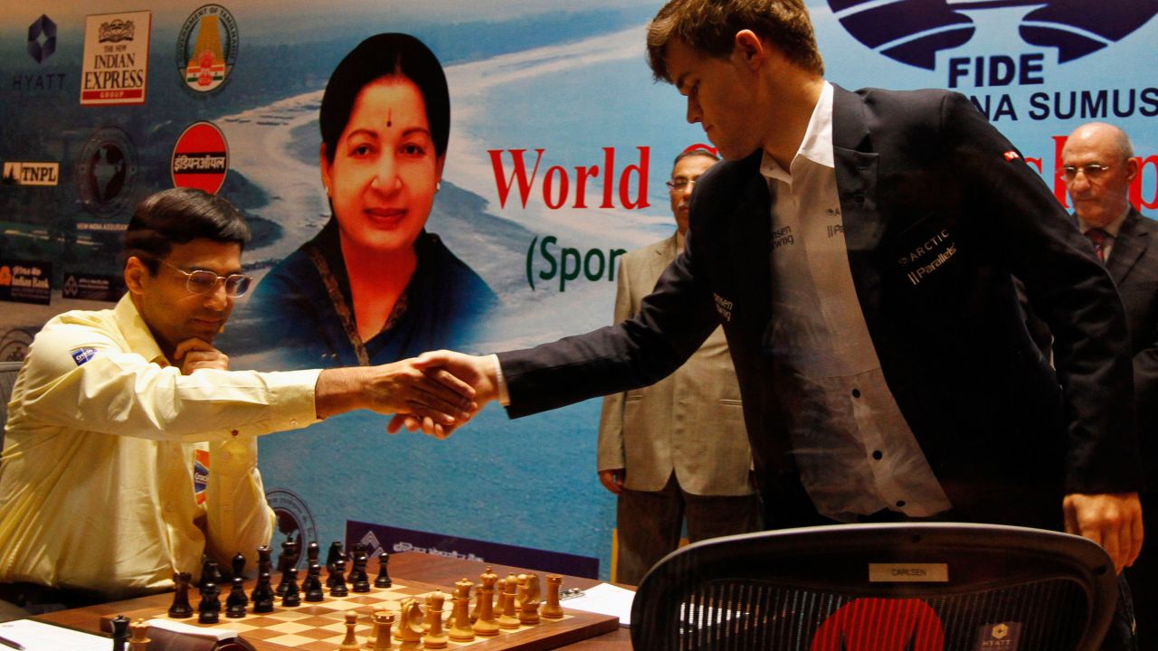 Magnus Carlsen (right) beat India's Viswanathan Anand (left) during the Chess World Championship match to become a world champion at age 22 in Chennai, India.