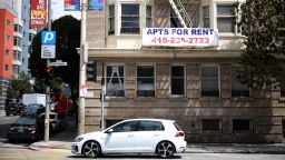 A "for rent" sign posted on the exterior of an apartment building on June 02, 2021 in San Francisco, California. 