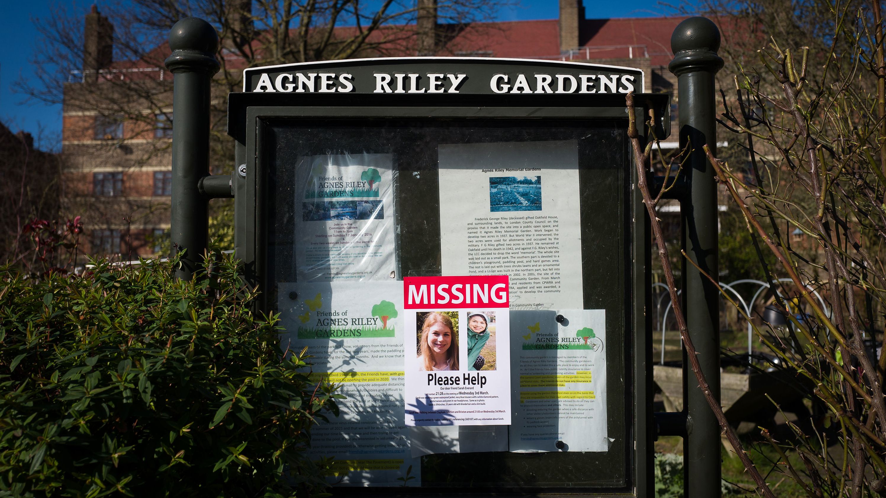Posters requesting information near Clapham Common, London, during the investigation into Everard's disappearance.