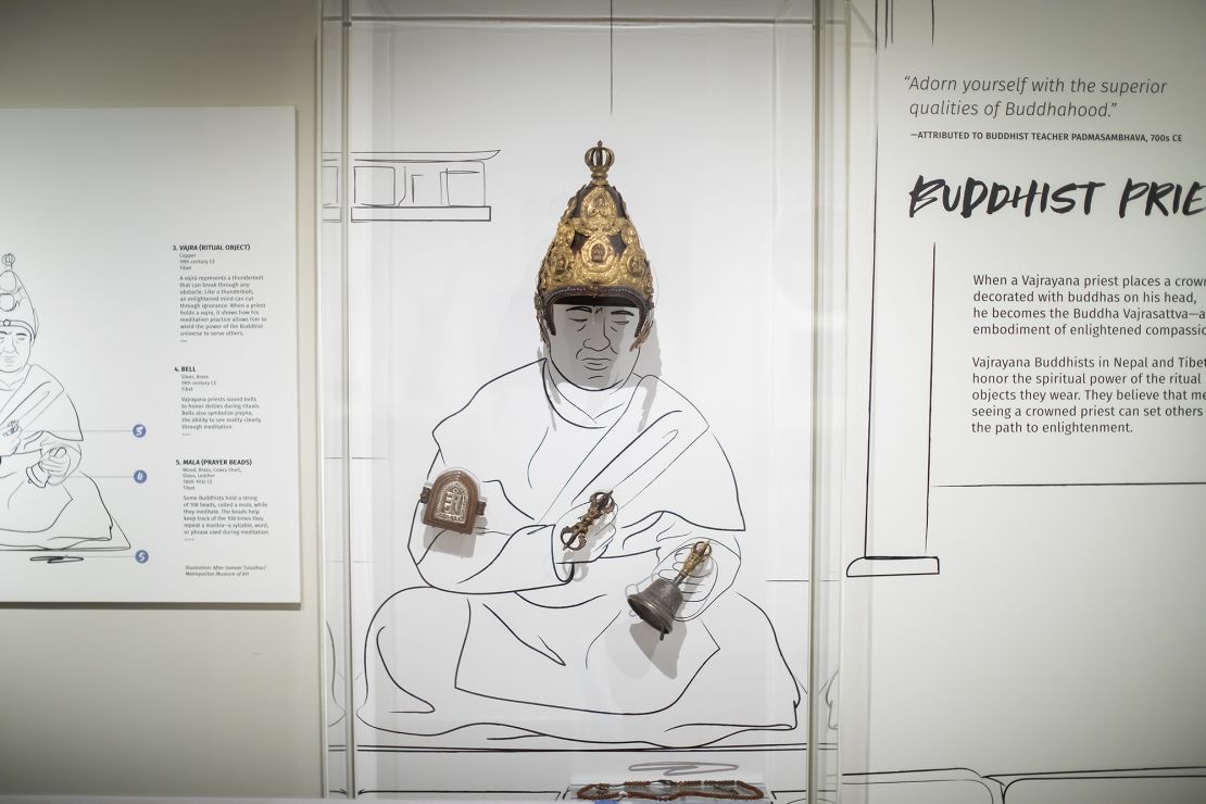 The crown of a Buddhist priest from 16th-century Nepal is in the "Dressing for Ceremony" section of the exhibit. 