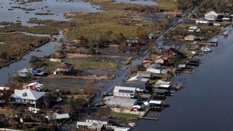 A view of flood damaged buildings in Lafourche Parish, Louisiana, after Hurricane Ida.