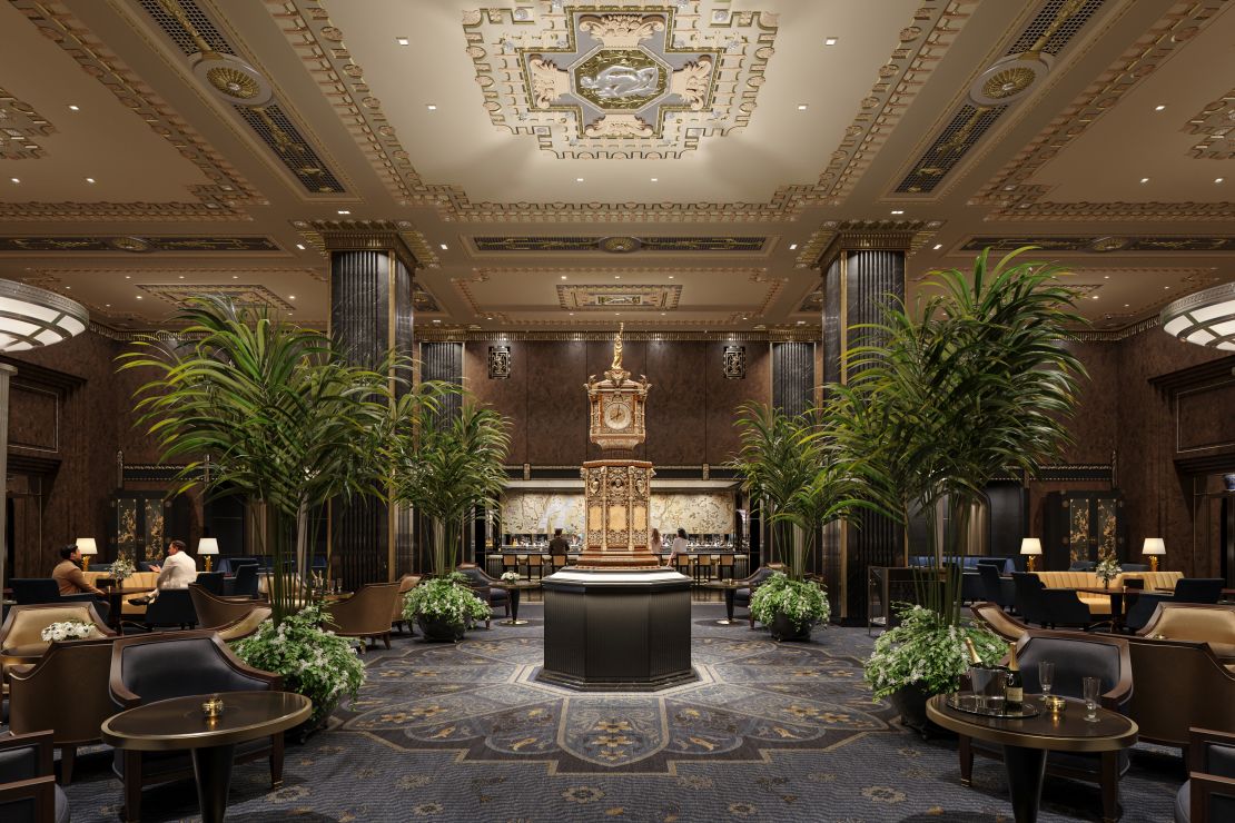 A rendering of the restored lobby with its famous 19th-century clock.