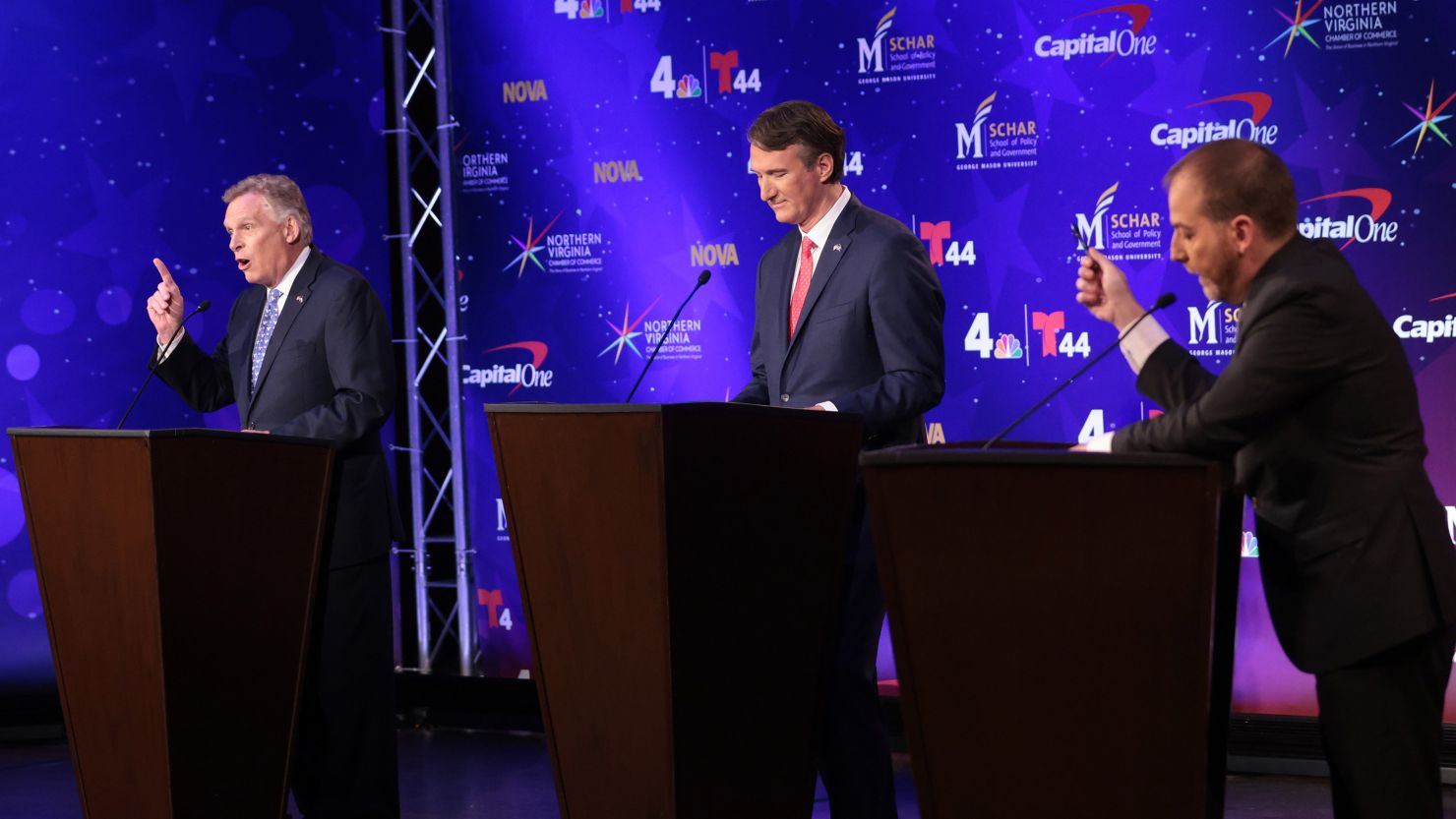 ALEXANDRIA, VIRGINIA - SEPTEMBER 28:  Former Virginia Gov. Terry McAuliffe (L) (D-VA) and Republican gubernatorial candidate Glenn Youngkin (C) participate in a debate hosted by the Northern Virginia Chamber of Commerce September 28, 2021 in Alexandria, Virginia. The gubernatorial election is November 2. Also pictured is moderator Chuck Todd (R).  (Photo by Win McNamee/Getty Images)