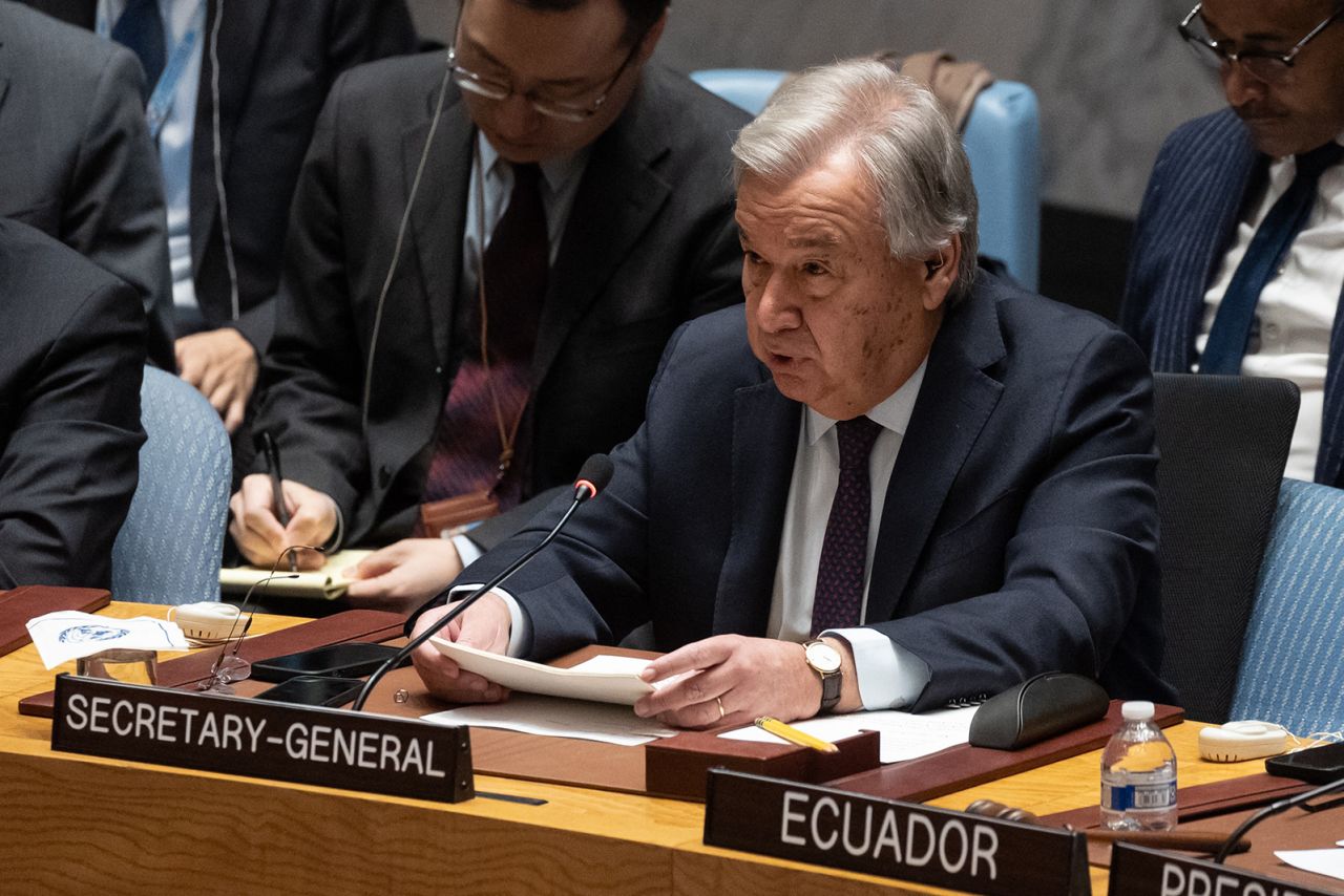 Antonio Guterres speaks during a United Nations Security Council meeting on Gaza, at UN headquarters in New York City on December 8.