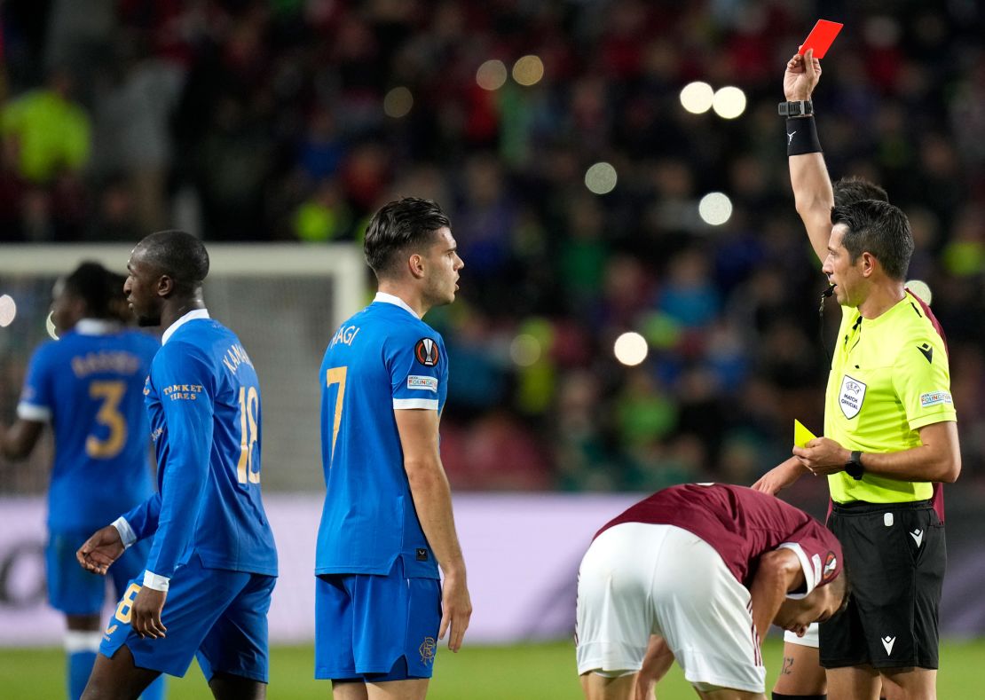 Kamara receives a red card against Sparta Prague.