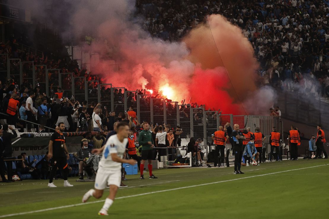 Marseille and Galatasaray fans clash during the goalless draw.