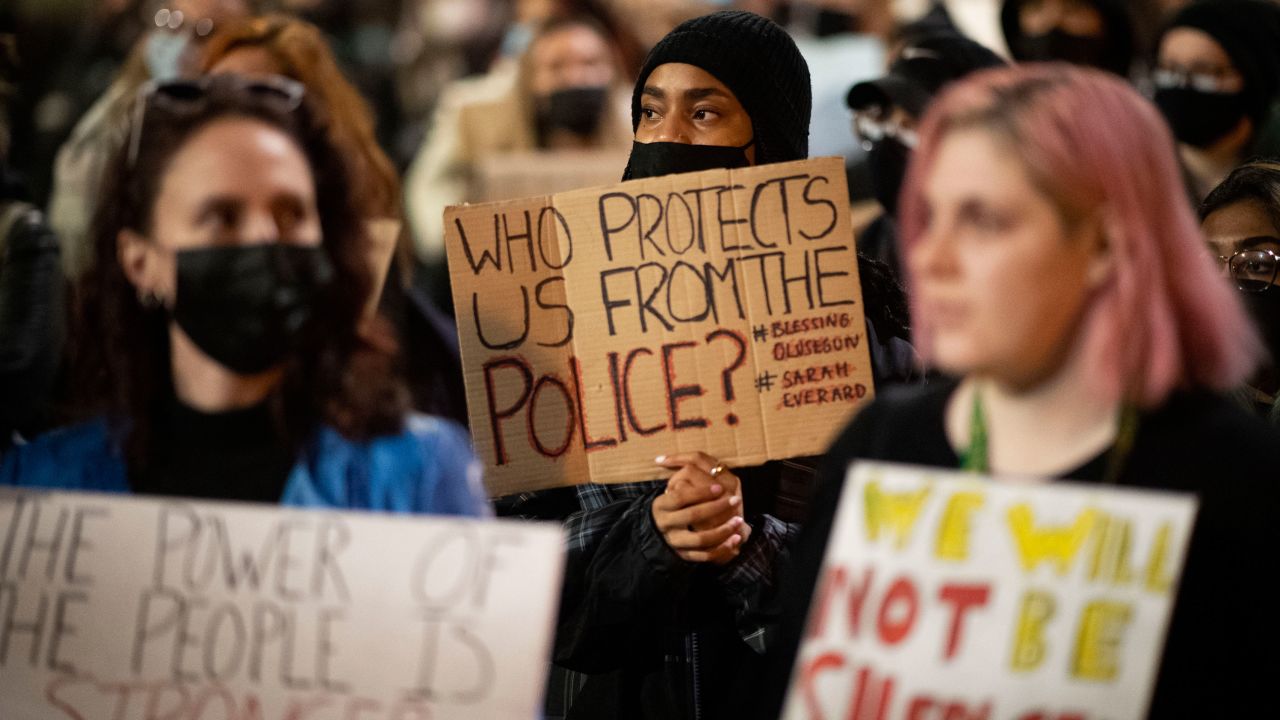 People protest violence against women and a bill that would give police greater powers in Cardiff, Wales, on March 17. 